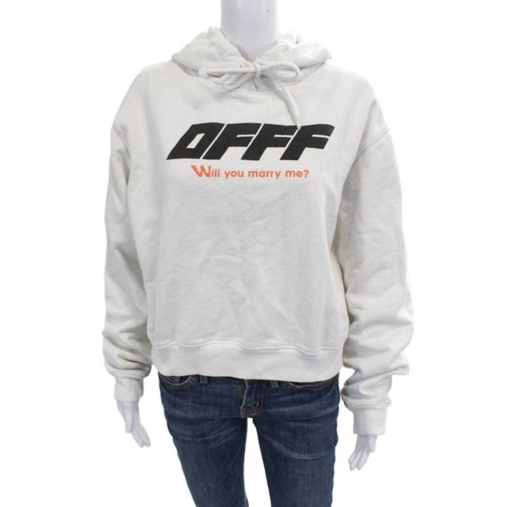 Off White Unisex Pullover Hoodies White 100% Cotton Graphic Drawstring Size M